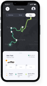 iPhone 12 pro, на экране которого пользовательский интерфейс агрегатора услуг по перевозке транспорта с помощью автотрейлеров