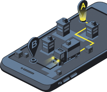 Смартфон с изображением расчета маршрутов движения ТС и их оптимизации(расчет маршрута из точки A в точку B)